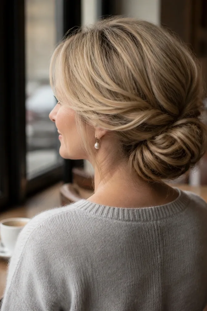 Low bun with a gentle nape bouffant and loose texture