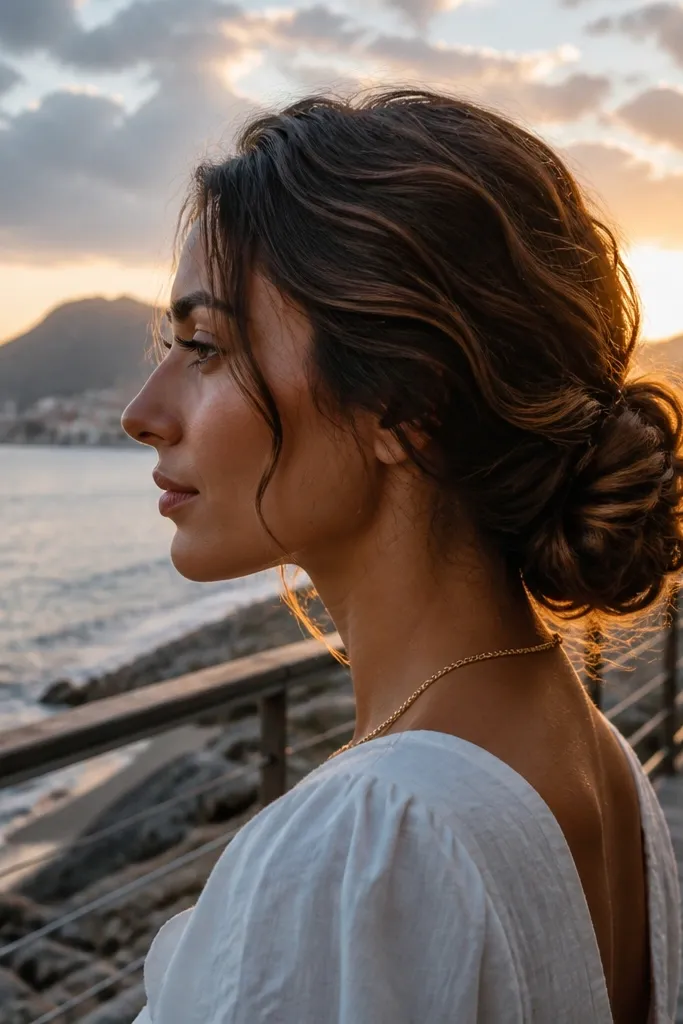 Low bun made from rippled waves with curled ends tucked in