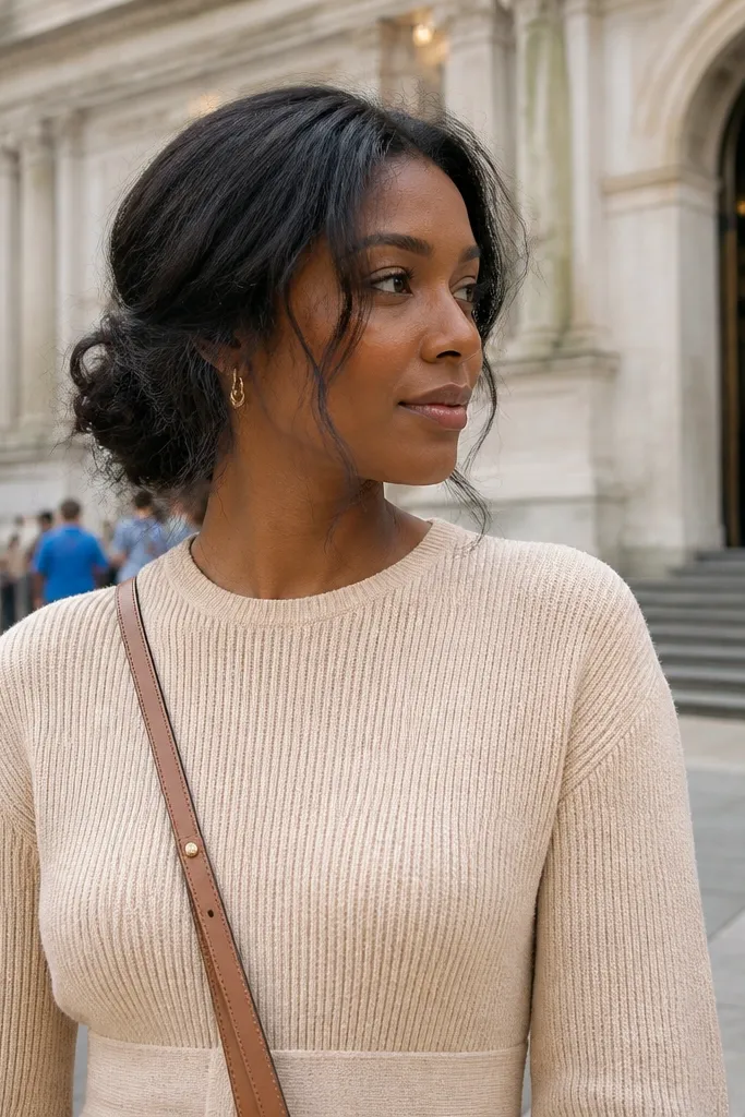 Low messy bun with neatly pinned base and slightly undone top