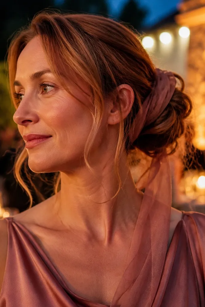 Low messy bun wrapped with a thin scarf and soft face strands