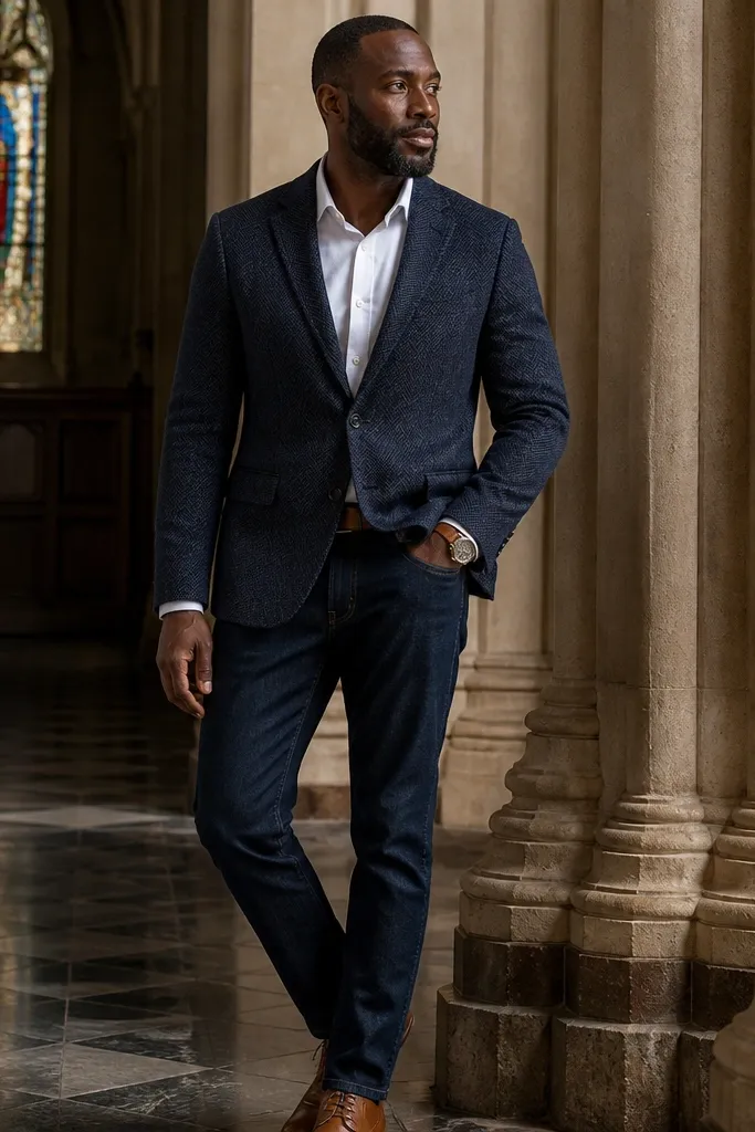 Navy blazer with white Oxford shirt and dark indigo jeans