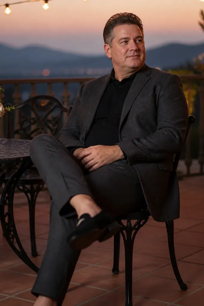 Charcoal trousers with a black tee and black suede loafers