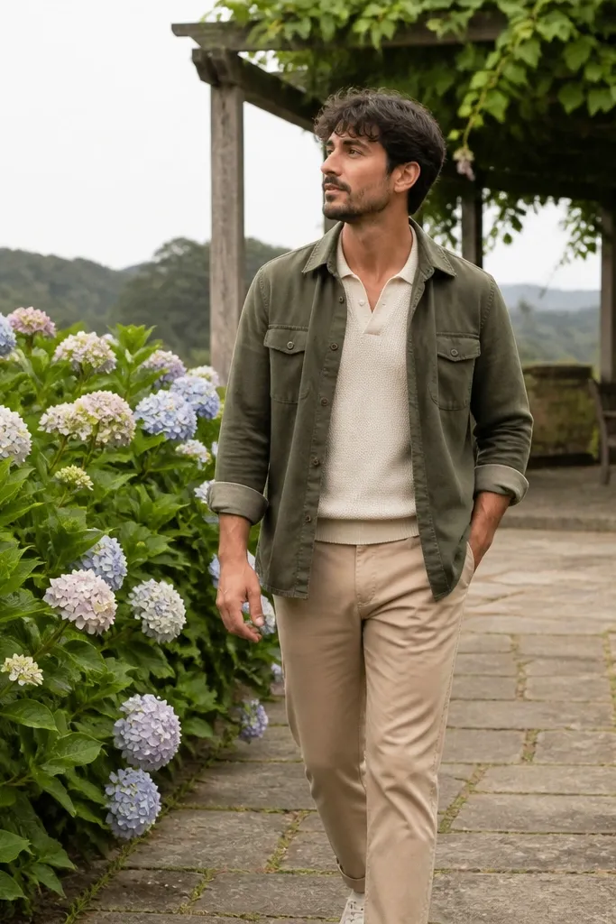 Olive overshirt over cream knit polo with tan chinos