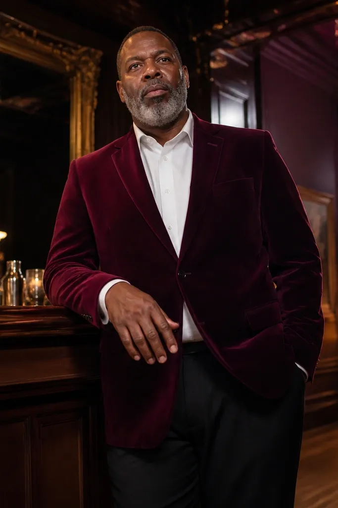 Burgundy velvet blazer with white dress shirt and black trousers
