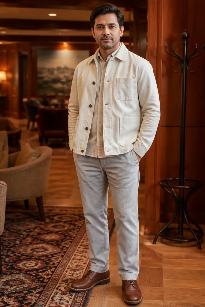 Cream chore jacket with light gray chinos and brown derby shoes