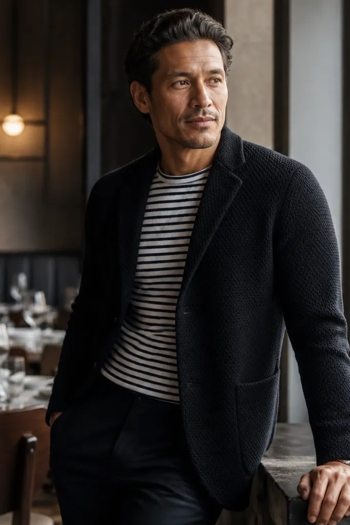 Black knit blazer over striped crewneck with dark slim trousers