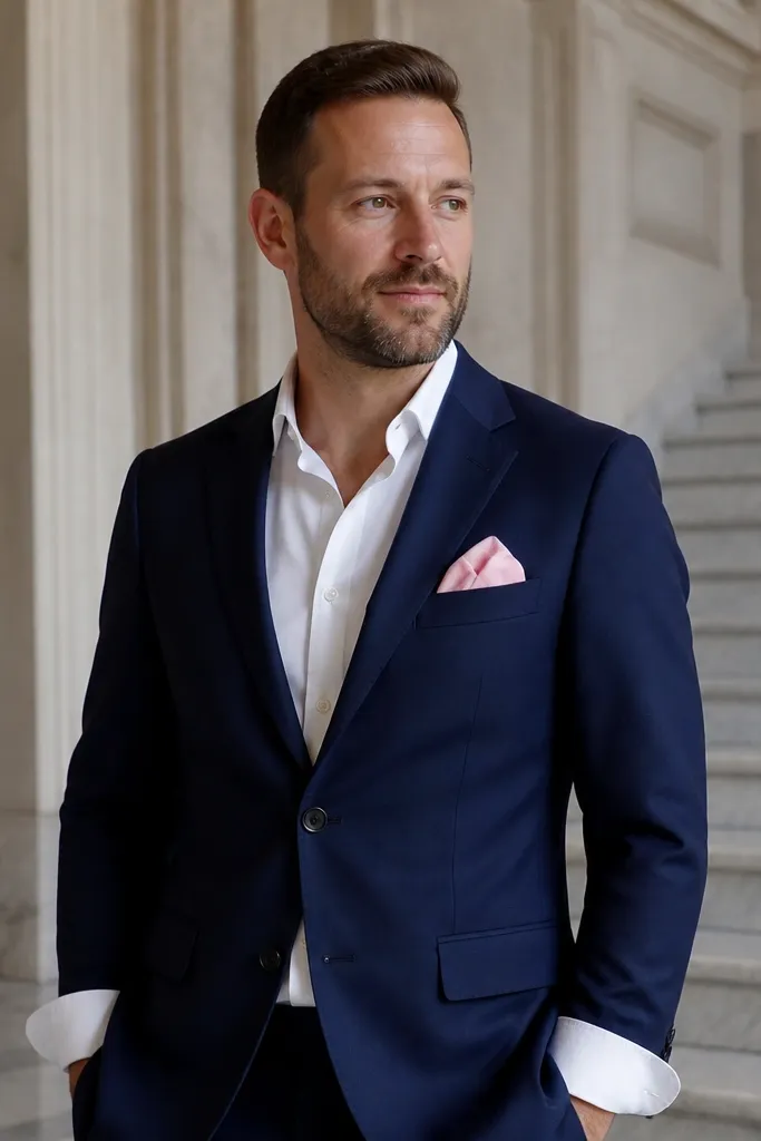 Navy suit with pale pink pocket square and white shirt with rolled cuffs