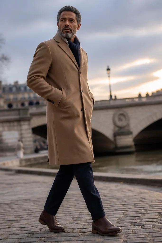 Camel overcoat with navy trousers and dark brown Chelsea boots