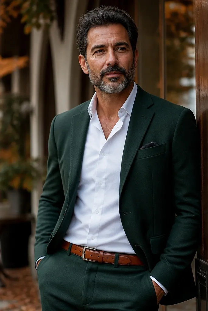 Forest green suit with white shirt and cognac belt