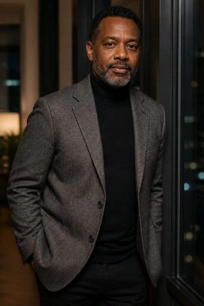 Gray flannel blazer with black turtleneck and black trousers
