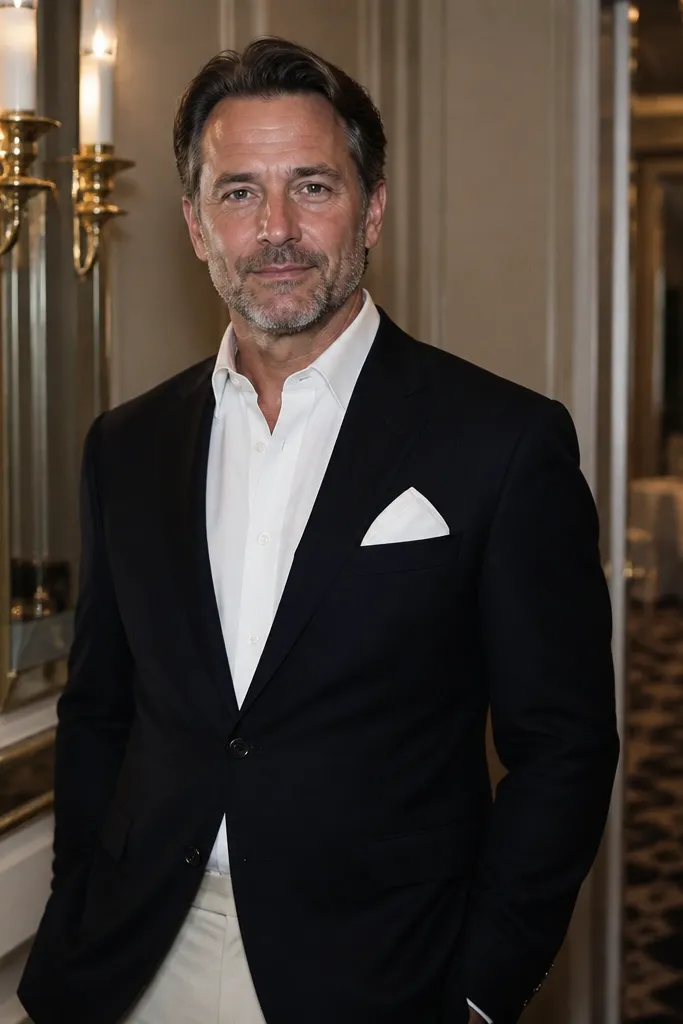 Black suit jacket with sand beige trousers and white pocket square