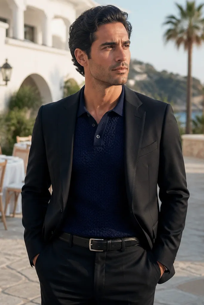 Navy patterned knit polo under a blazer with black trousers