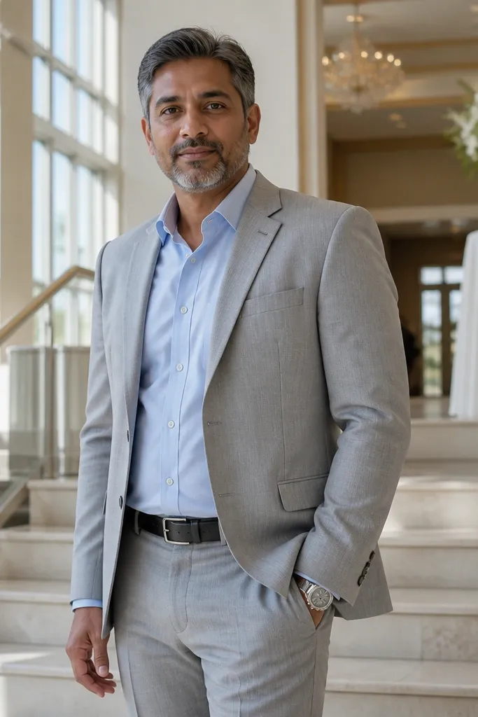 Light gray suit with pale blue shirt and silver watch