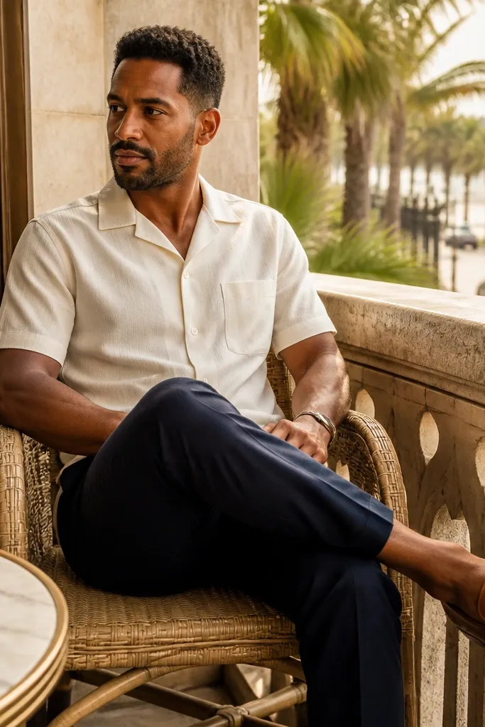 Ivory camp collar shirt with navy trousers and cognac loafers