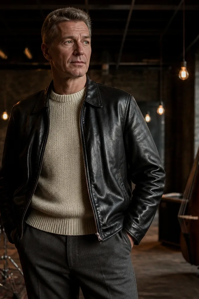 Black leather jacket over cream knit sweater with charcoal trousers