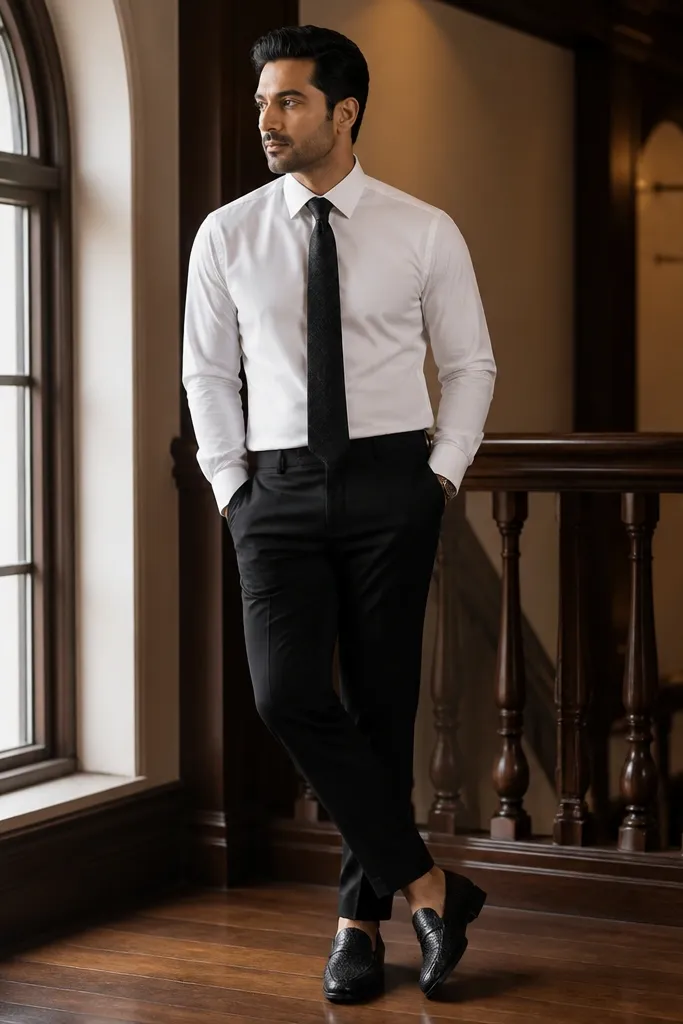 White shirt with slim black trousers, black tie, and textured black loafers