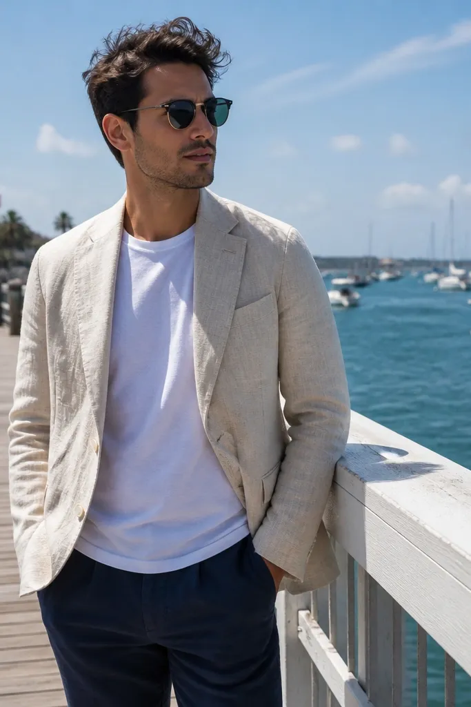 Sand linen blazer over white tee with navy chinos