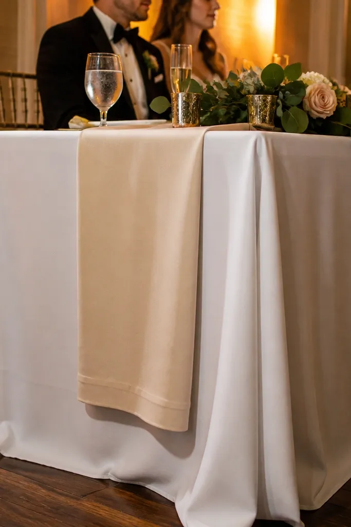 Table with a white runner draped far past the edge of a rectangle