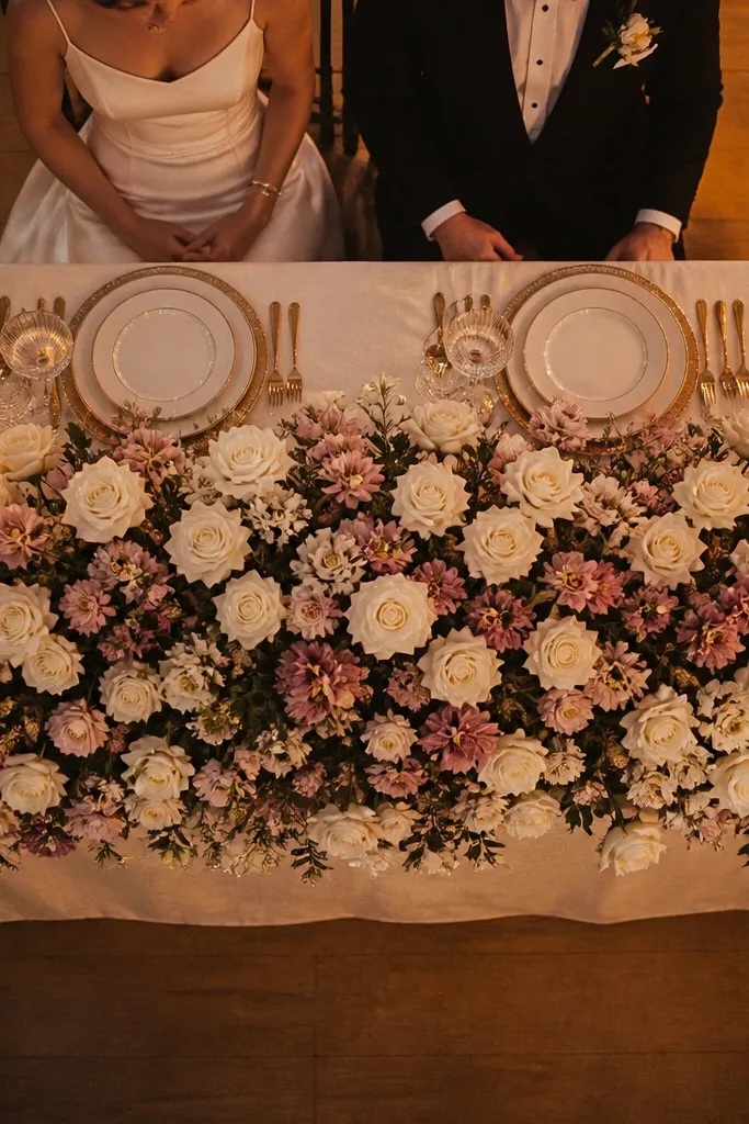 Large floral arrangement covering most of a rectangle table