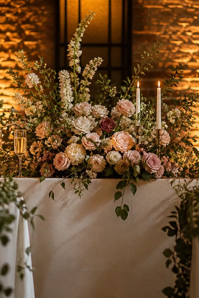 Tall floral arrangement that reaches above people's faces