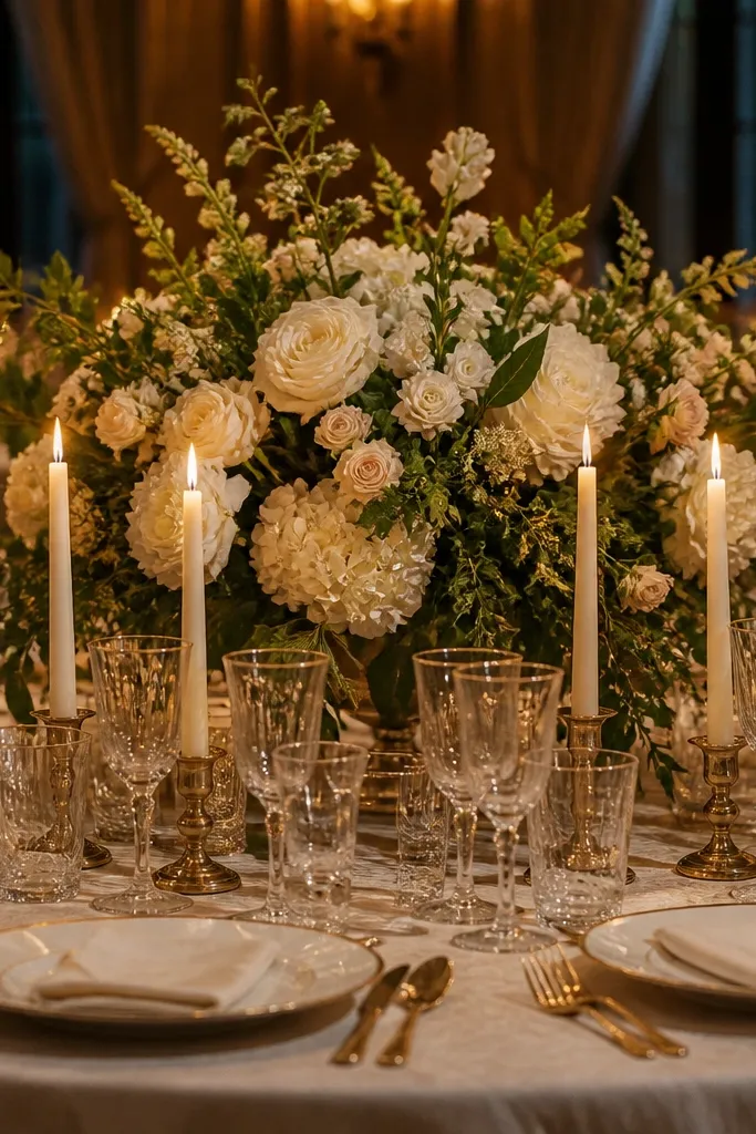 Center floral arrangement with candles and glassware crowded at the front