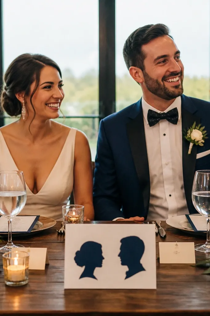 Tall signboard in front of a rectangle sweetheart table