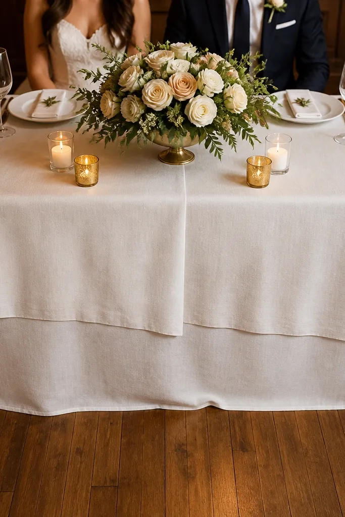 Layered linens on a rectangle table with uneven edges