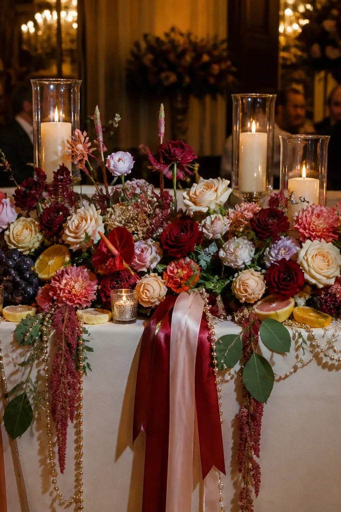 Floral centerpiece with many competing materials and colors