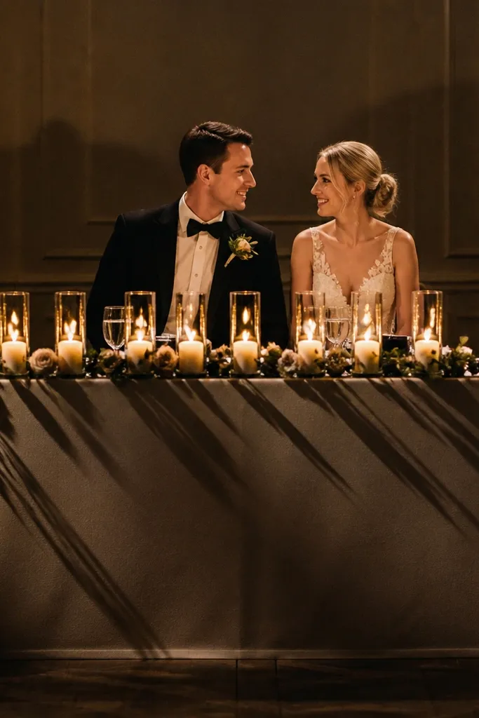 Candles placed in a line causing harsh shadows across a rectangle table