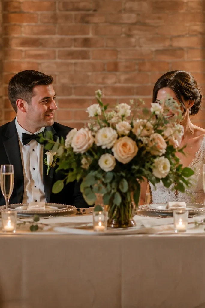 One person's face partially blocked due to uneven centerpiece height
