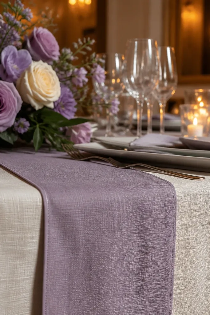 Purple and cool florals on warm ivory linen looking muddy