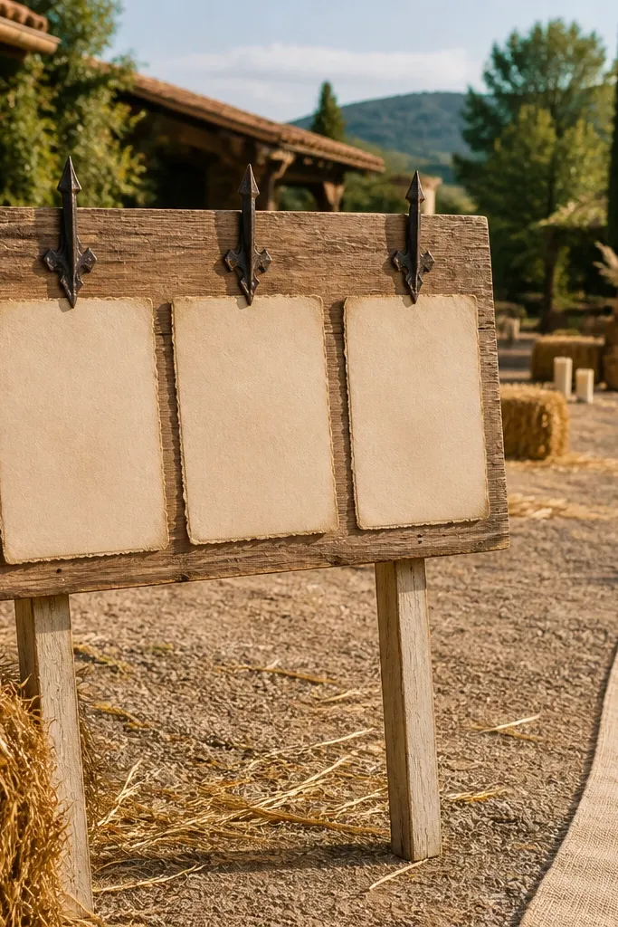 Weathered wood welcome sign with black iron arrow clips and warm cream paper