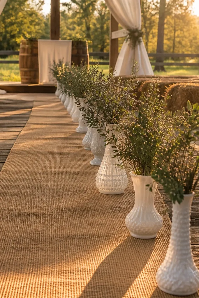 Small milk glass bud vases lined along an aisle runner with cream flowers