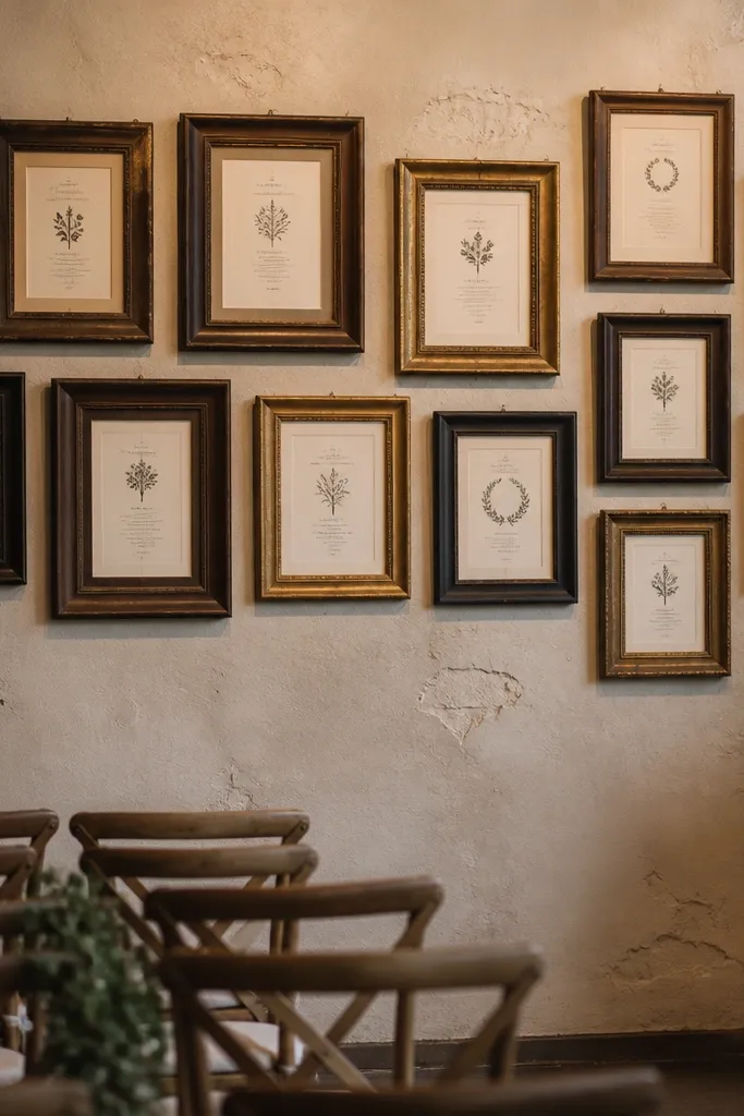 Assorted dark antique frames on a backdrop with cream paper signs