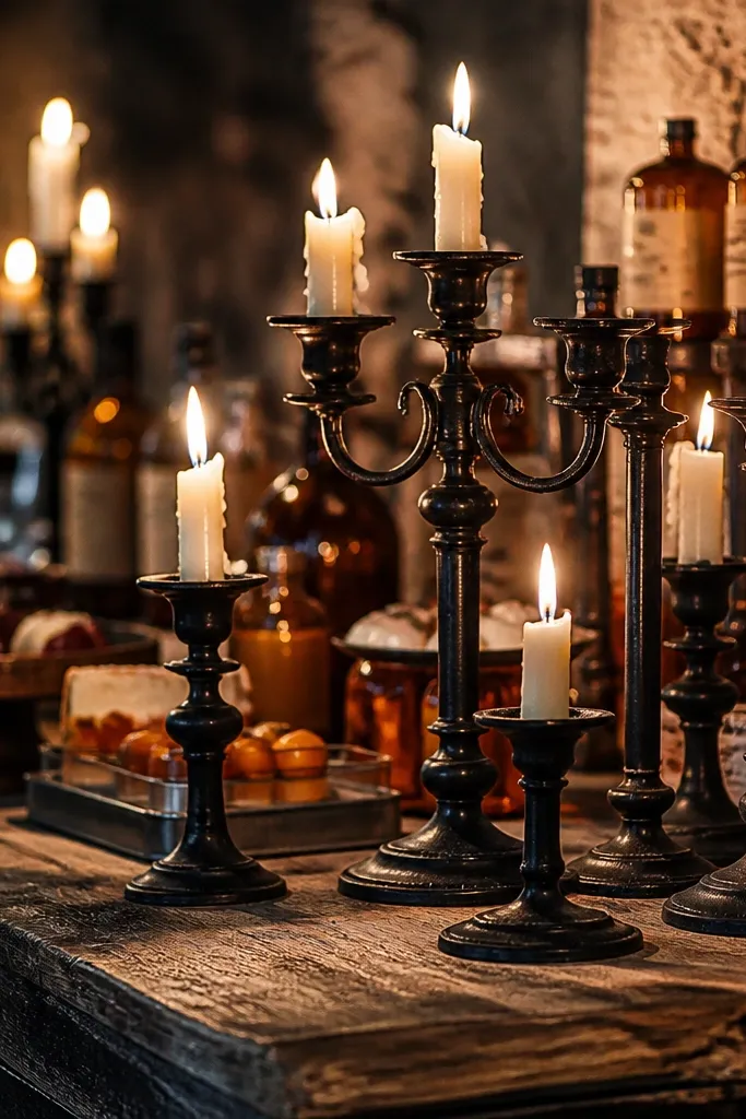 Black iron candelabras with tall cream candles near a rustic bar cart