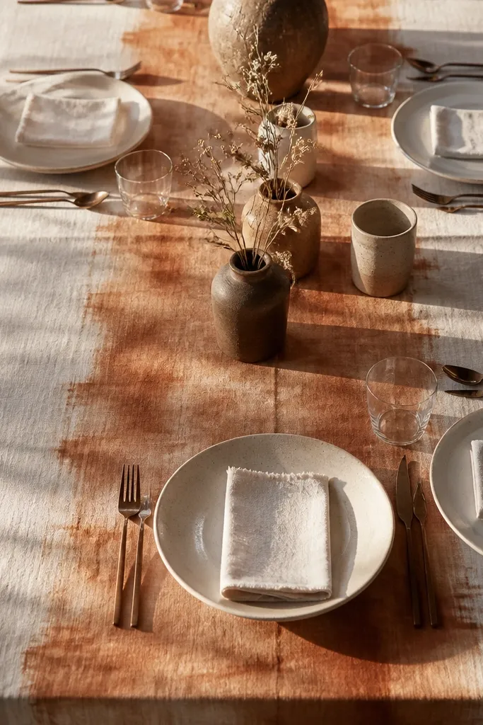 Rust and oat linen table runner layered over warm white linen with subtle texture