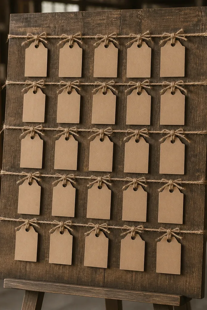 Kraft paper escort card tabs tied with twine on a wooden display board
