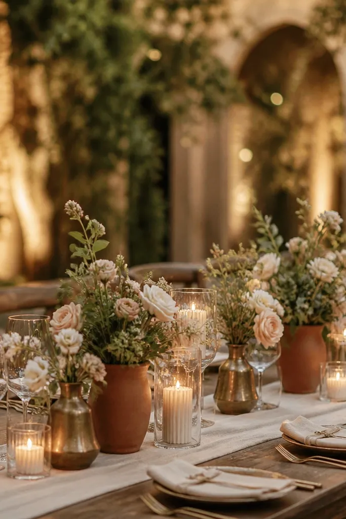 Terracotta and antique brass bud vases with warm cream flowers in low centerpieces