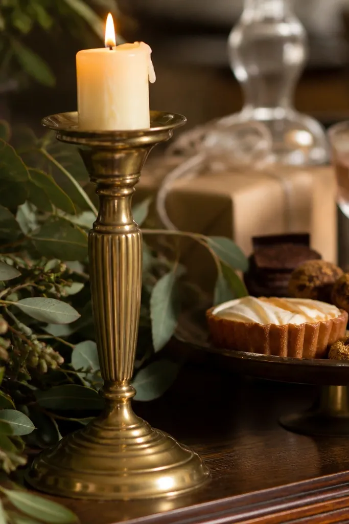Brass candlestick with cream taper candle and foraged greenery on a linen table