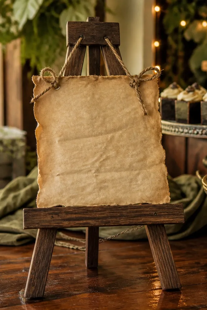 Aged parchment menu card tied with twine on a dark wooden easel