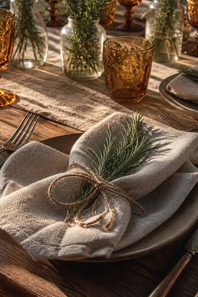 Folded cream linen napkins with small sprigs tied by twine on dinner plates