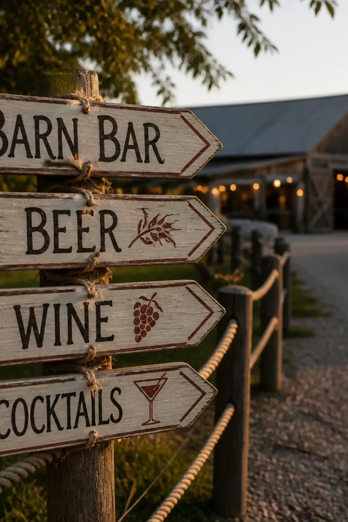 Hand-painted wooden directional signs in black and rust with white lettering