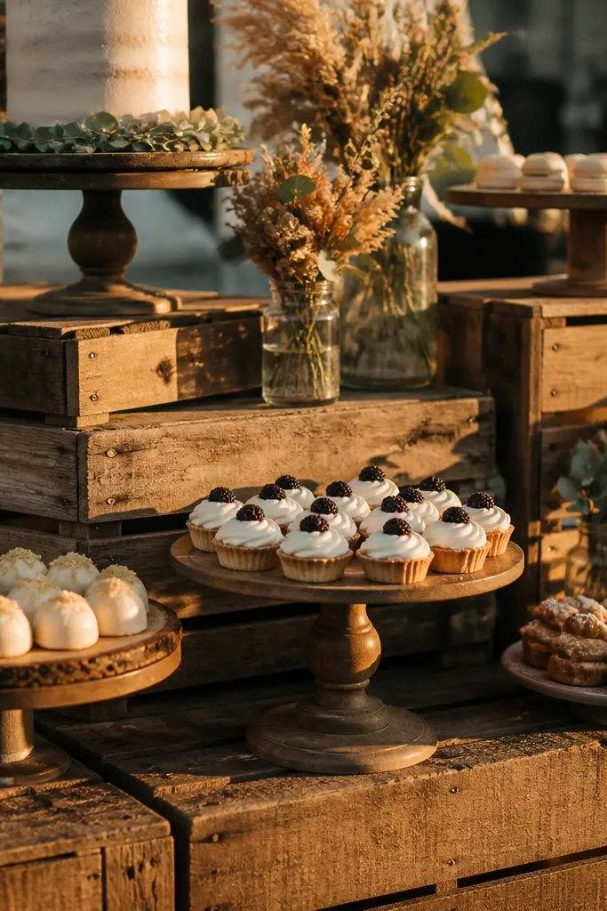 Stacked vintage wooden crates with cake stands and small jars on a dessert table