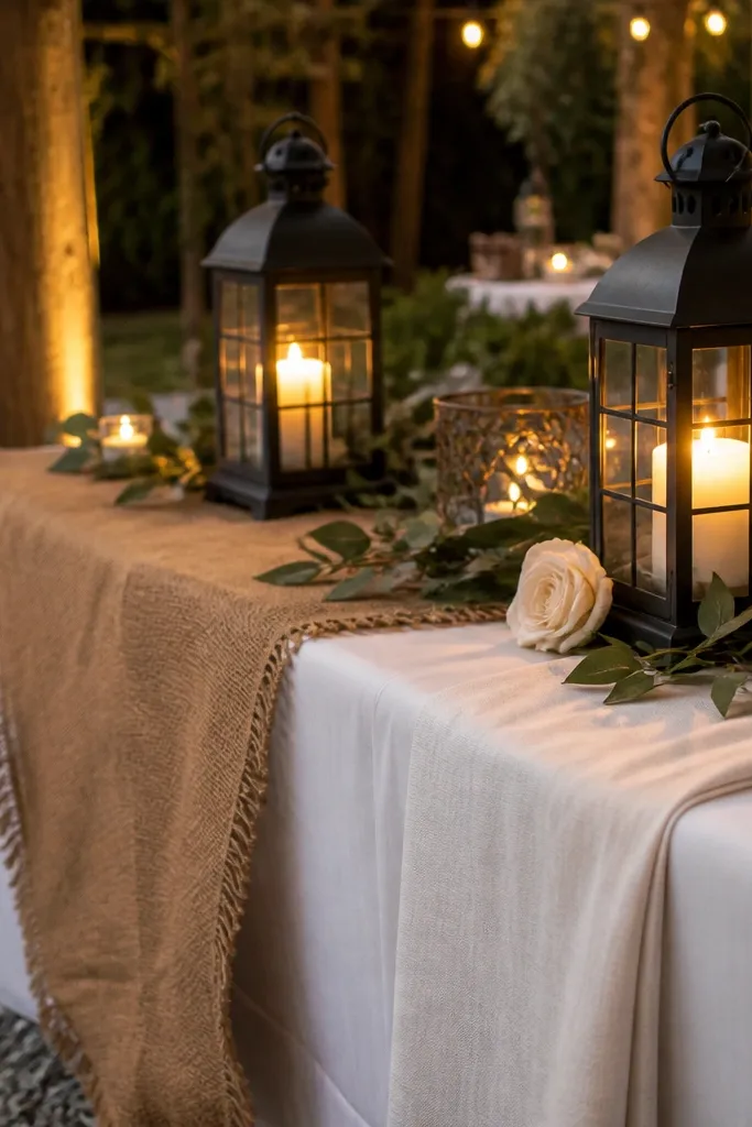 Mixed burlap and linen runner with two black iron lanterns and warm candles