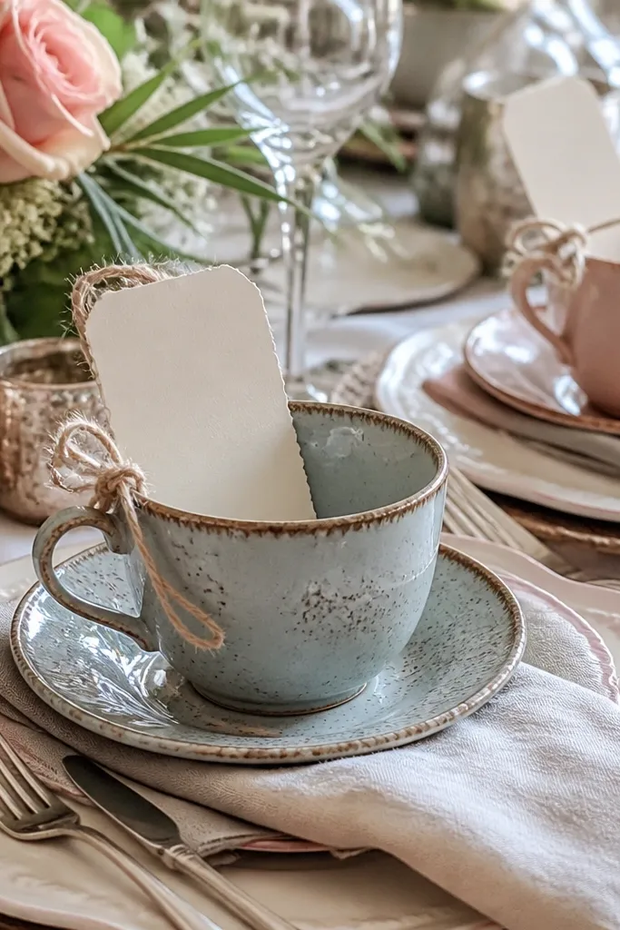 Small vintage teacups with cream place cards tied in twine on a table