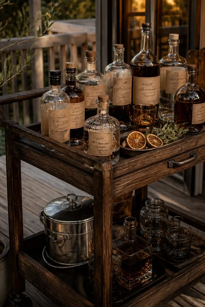 Bar cart with aged glass bottles and kraft labels in black ink