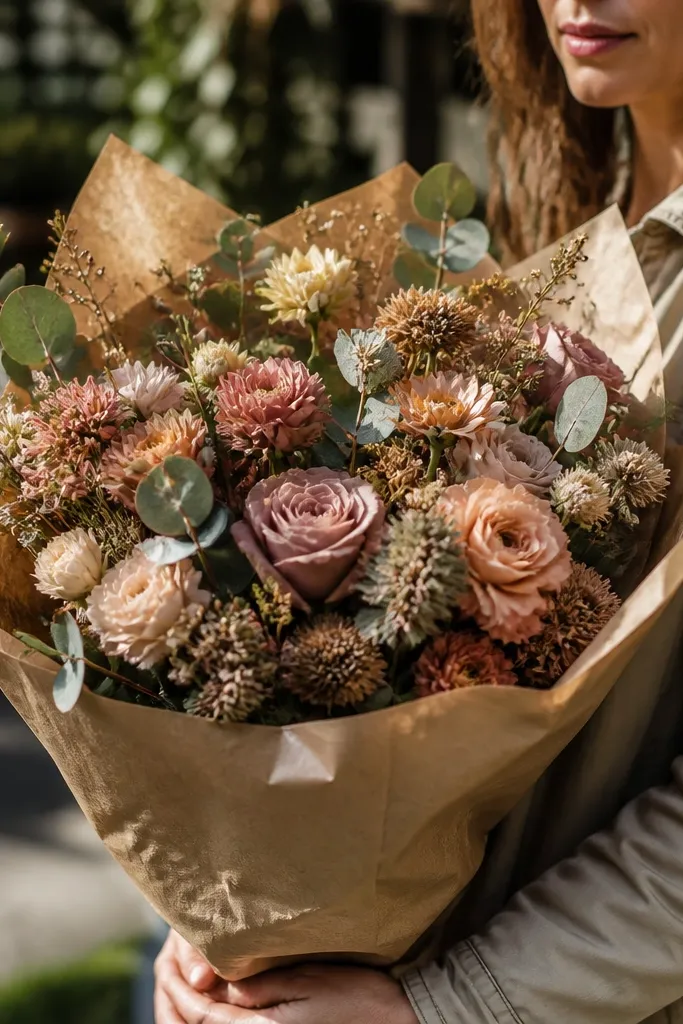 Muted wildflower bouquets wrapped in brown paper with twine and olive greenery