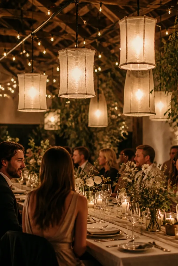Warm string lights with linen shade lanterns over a rustic reception table