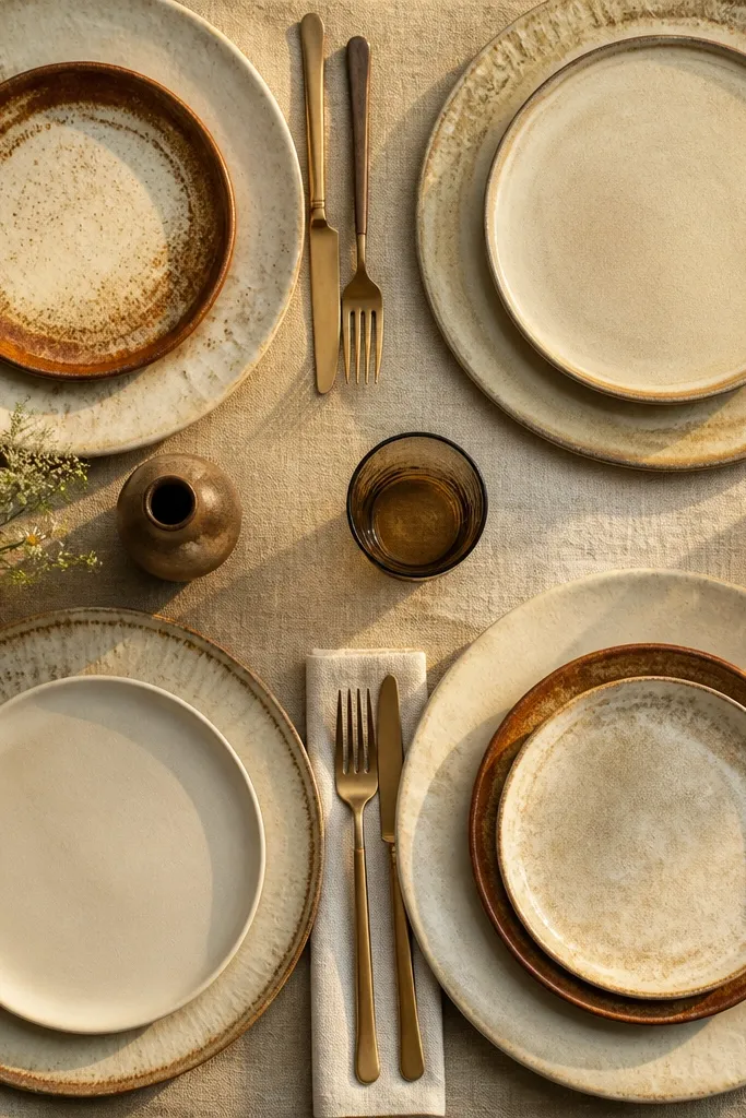 Mismatched antique-style chargers in cream, tan, and subtle rust under linen napkins