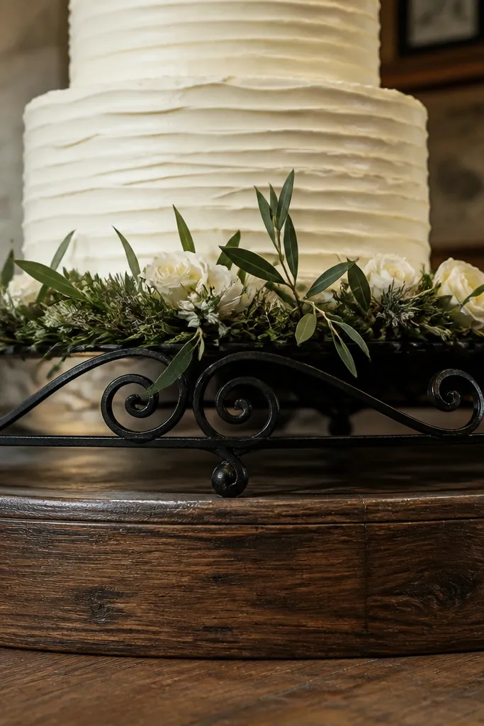 Cake on a dark wood riser with an iron scroll stand and cream florals